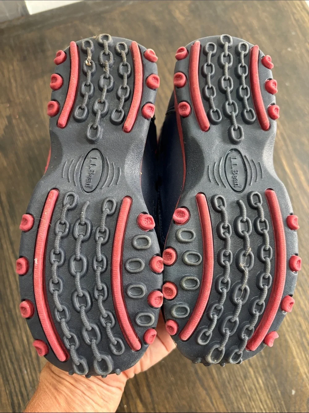 LL Bean kids snow boots, red/navy, velcro closures, size 12